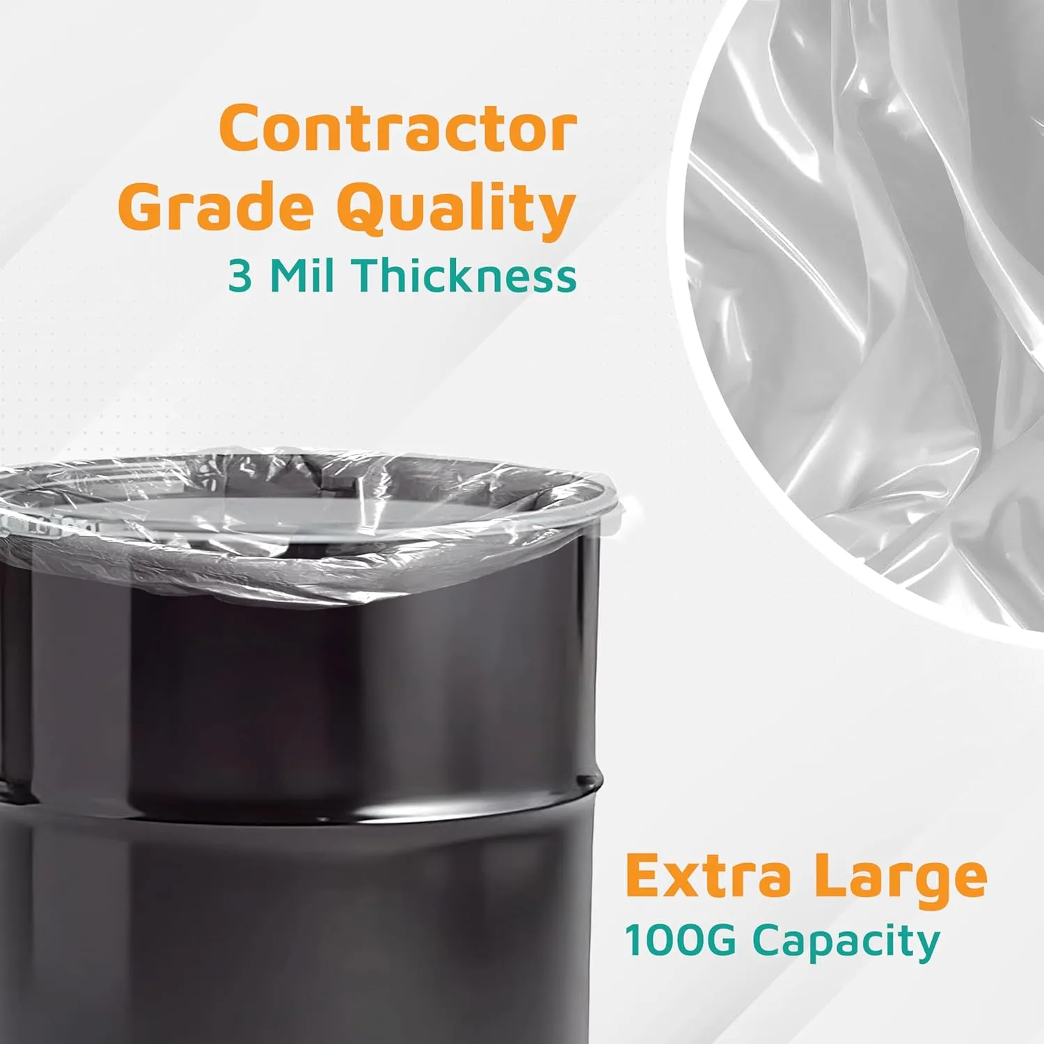 PlasticMill Contractor Bags Heavy Duty - Commercial, Industrial Garbage Bags - Clear Construction Trash Bags - Outdoor, Garden Trash Bags, 100-Gallon, 3 Mil, 67"x79" (1-Count)