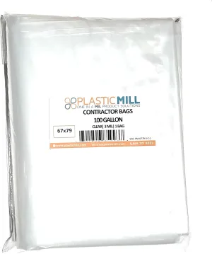 PlasticMill Contractor Bags Heavy Duty - Commercial, Industrial Garbage Bags - Clear Construction Trash Bags - Outdoor, Garden Trash Bags, 100-Gallon, 3 Mil, 67"x79" (1-Count)