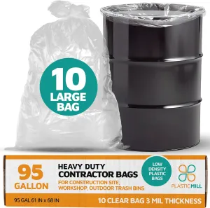 PlasticMill Contractor Bags Heavy Duty - Commercial, Industrial Garbage Bags - Clear Construction Trash Bags - Outdoor, Garden Trash Bags, 95-Gallon, 3 Mil, 61"x68" (10-Count)