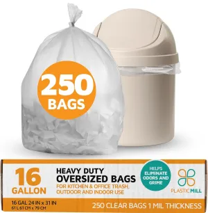 PlasticMill Heavy Duty Trash Bags - Clear Garbage Bags - Plastic Trash Bags - Kitchen, Bathroom, Office Garbage Bags, Trash Can Liners - 12-16 Gallon, 1 Mil, 24"x31" (250-Count)