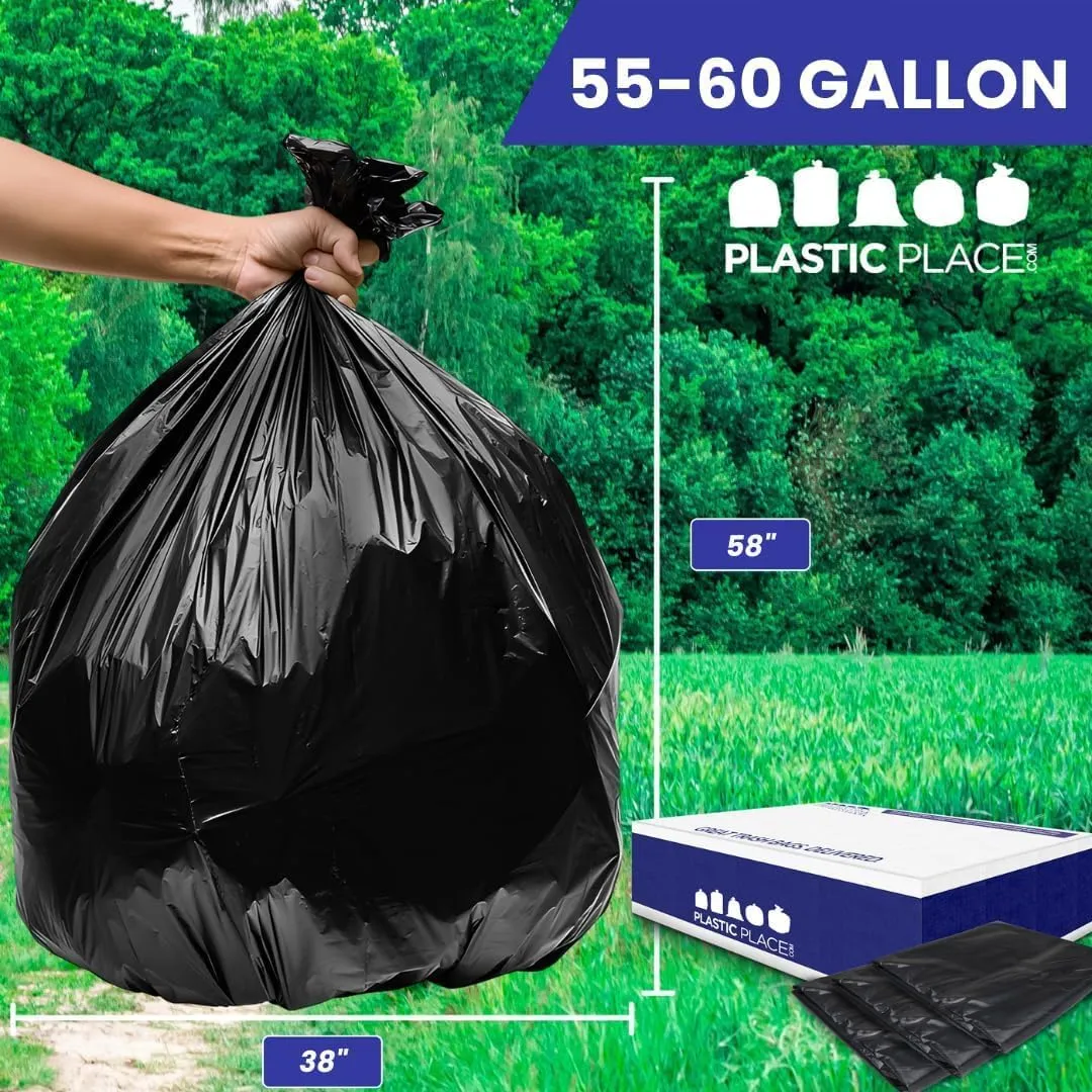 Plasticplace 55-60 Gallon Trash Bags, 1.0 Mil, Black Heavy Duty Garbage Can Liners, 38” x 58”, 100 Count (Pack of 1)