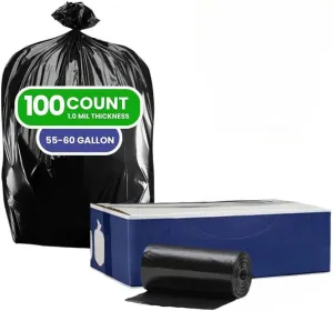 Plasticplace 55-60 Gallon Trash Bags, 1.0 Mil, Black Heavy Duty Garbage Can Liners, 38” x 58”, 100 Count (Pack of 1)