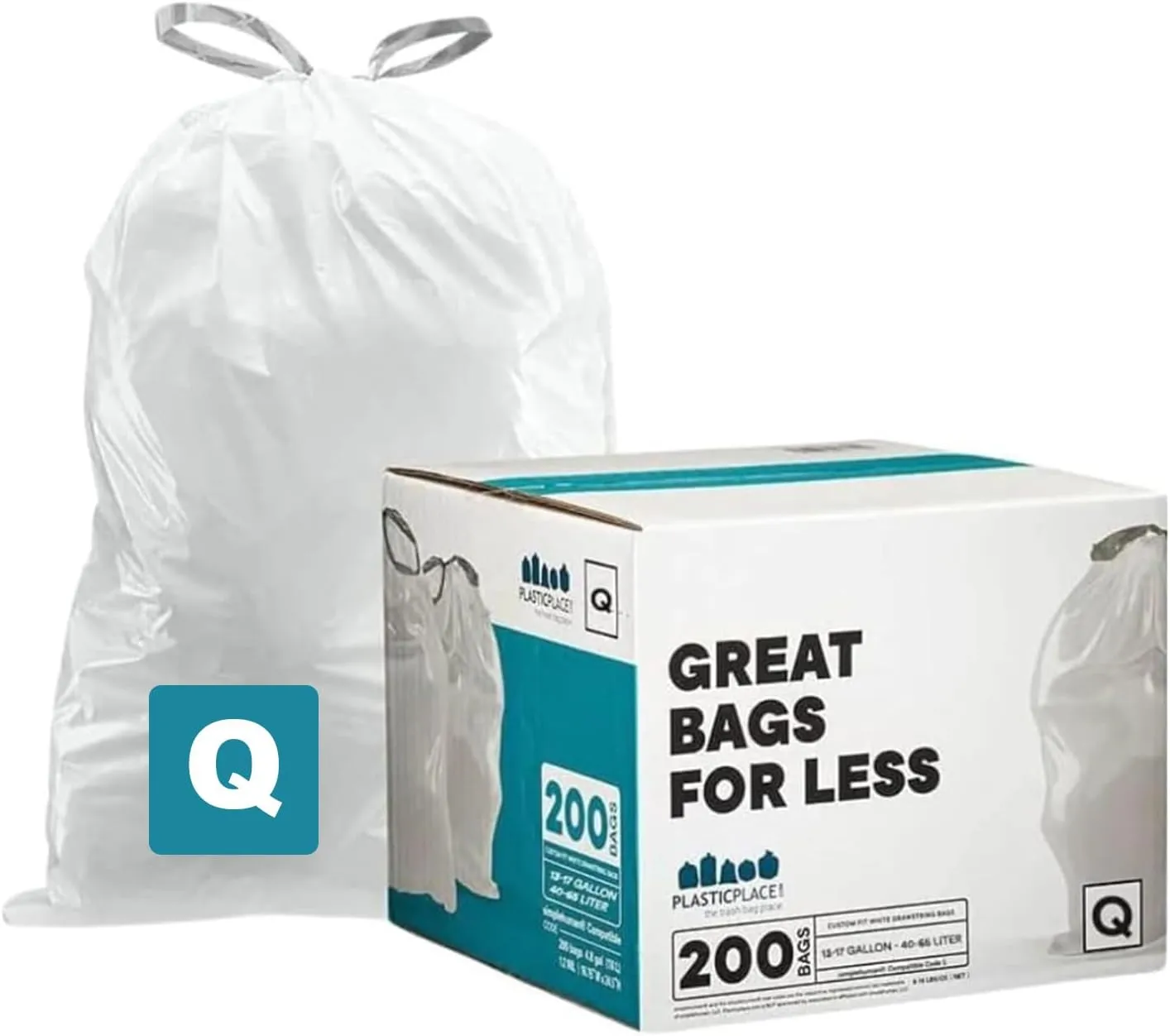 Plasticplace Custom Fit Trash Bags, Compatible with simplehuman Code Q (200 Count) White Drawstring Garbage Liners 13-17 Gallon, 25" x 32.5"
