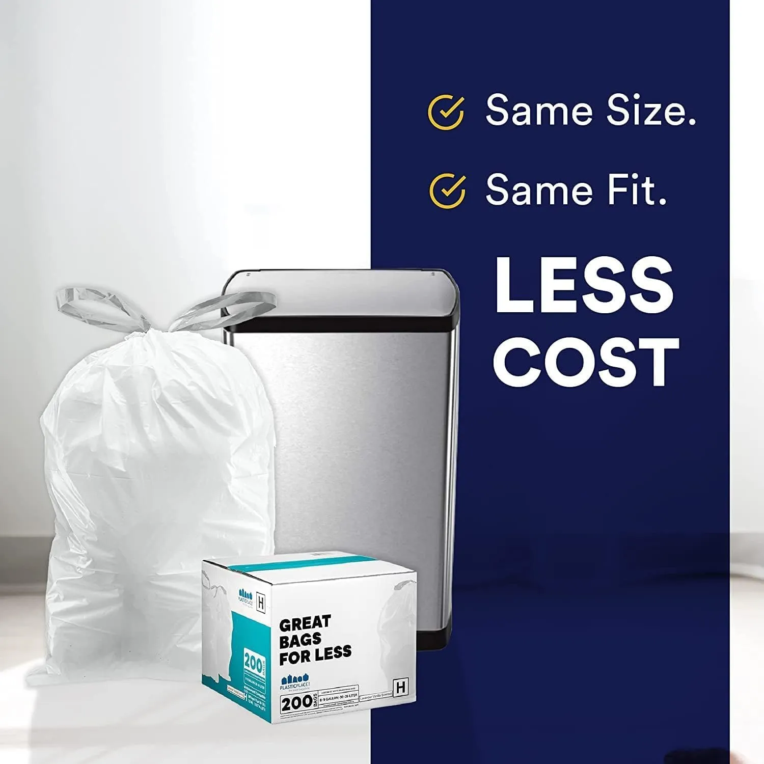 Plasticplace Custom Fit Trash Bags, Compatible with simplehuman Code Q (200 Count) White Drawstring Garbage Liners 13-17 Gallon, 25" x 32.5"