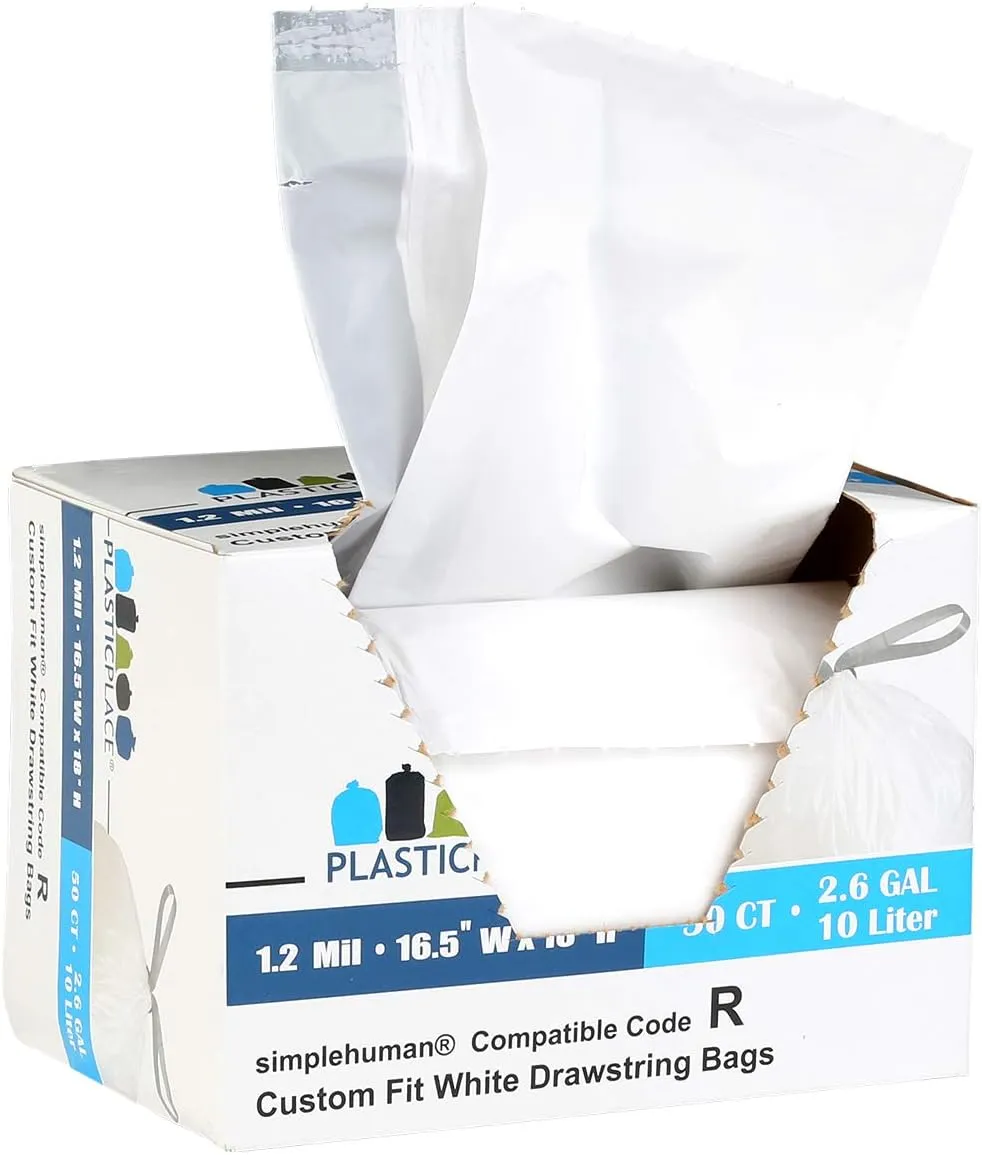Plasticplace Custom Fit Trash Bags, Compatible with Simplehuman Code R (100 Count) White Drawstring Garbage Liners 2.6 Gallon/ 10 Liter 16.5" x 18"