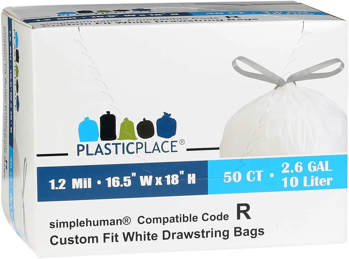 Plasticplace Custom Fit Trash Bags, Compatible with Simplehuman Code R (100 Count) White Drawstring Garbage Liners 2.6 Gallon/ 10 Liter 16.5" x 18"