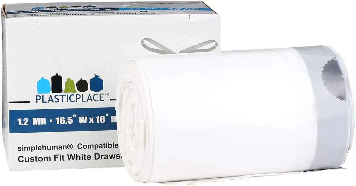 Plasticplace Custom Fit Trash Bags, Compatible with Simplehuman Code R (100 Count) White Drawstring Garbage Liners 2.6 Gallon/ 10 Liter 16.5" x 18"