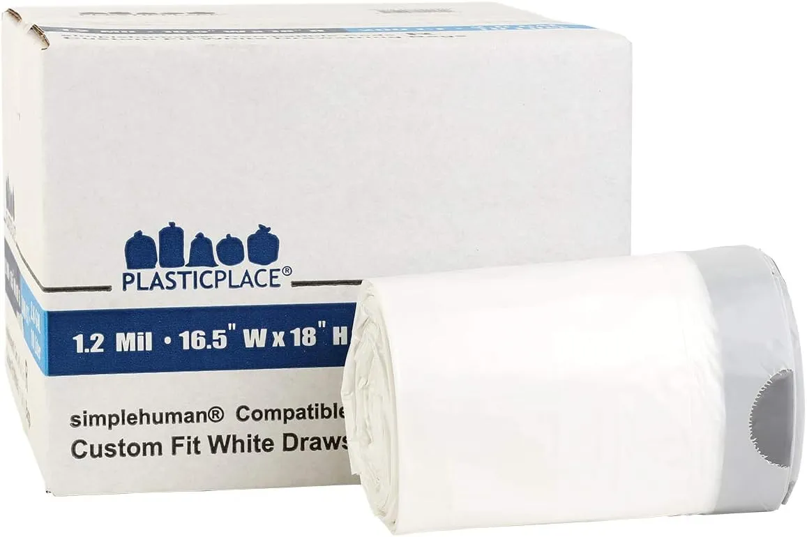 Plasticplace Custom Fit Trash Bags, Compatible with simplehuman Code R (200 Count) White Drawstring Garbage Liners 2.6 Gallon/ 10 Liter 16.5" x 18"