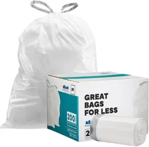 Plasticplace Custom Fit Trash Bags, Compatible with simplehuman Code R (200 Count) White Drawstring Garbage Liners 2.6 Gallon/ 10 Liter 16.5" x 18"