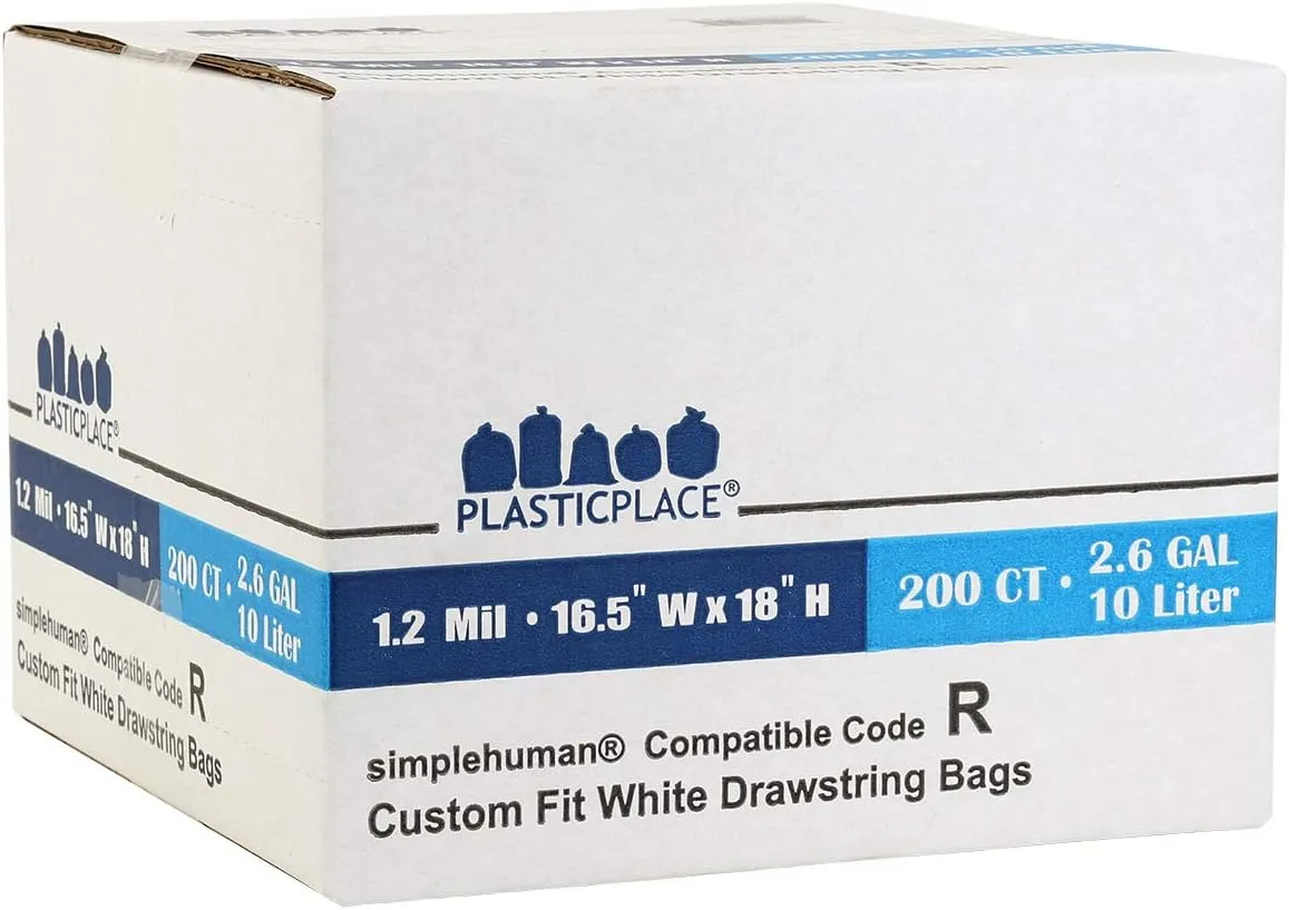 Plasticplace Custom Fit Trash Bags, Compatible with simplehuman Code R (200 Count) White Drawstring Garbage Liners 2.6 Gallon/ 10 Liter 16.5" x 18"