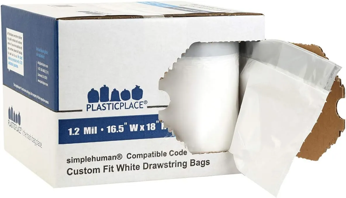 Plasticplace Custom Fit Trash Bags, Compatible with simplehuman Code R (200 Count) White Drawstring Garbage Liners 2.6 Gallon/ 10 Liter 16.5" x 18"