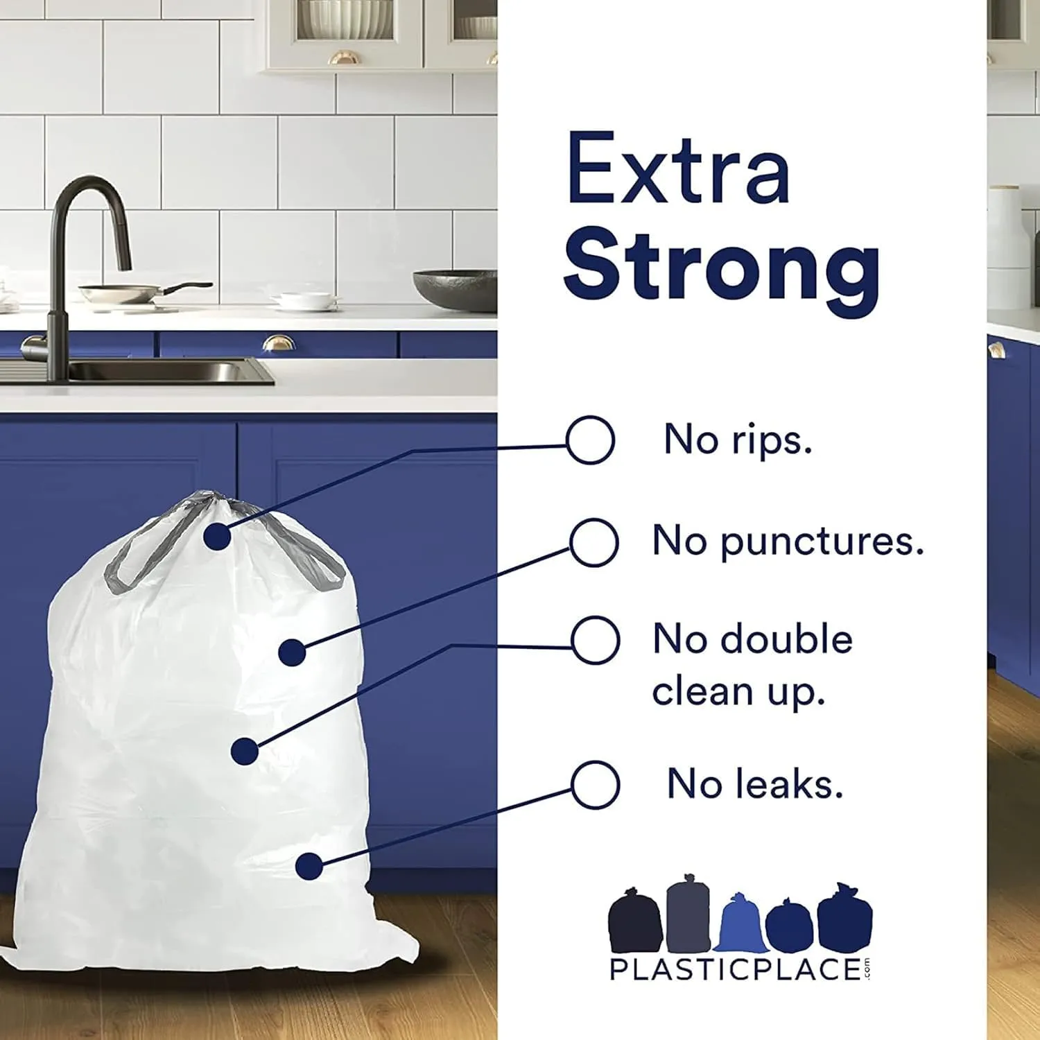 Plasticplace Trash Bags, Compatible with Simplehuman Code H, 8-9 Gallon Trash Can Liners, White Drawstring Garbage Bags, 100 Count Heavy Duty
