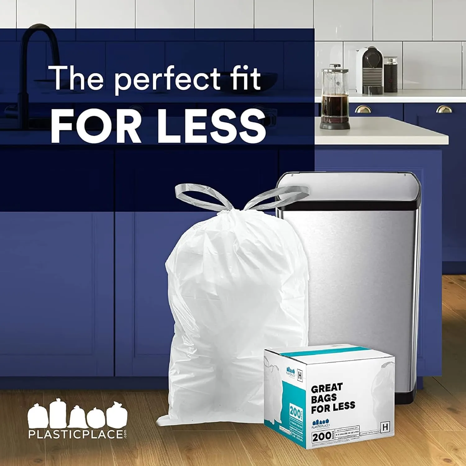 Plasticplace Trash Bags, Compatible with Simplehuman Code H, 8-9 Gallon Trash Can Liners, White Drawstring Garbage Bags, 100 Count Heavy Duty