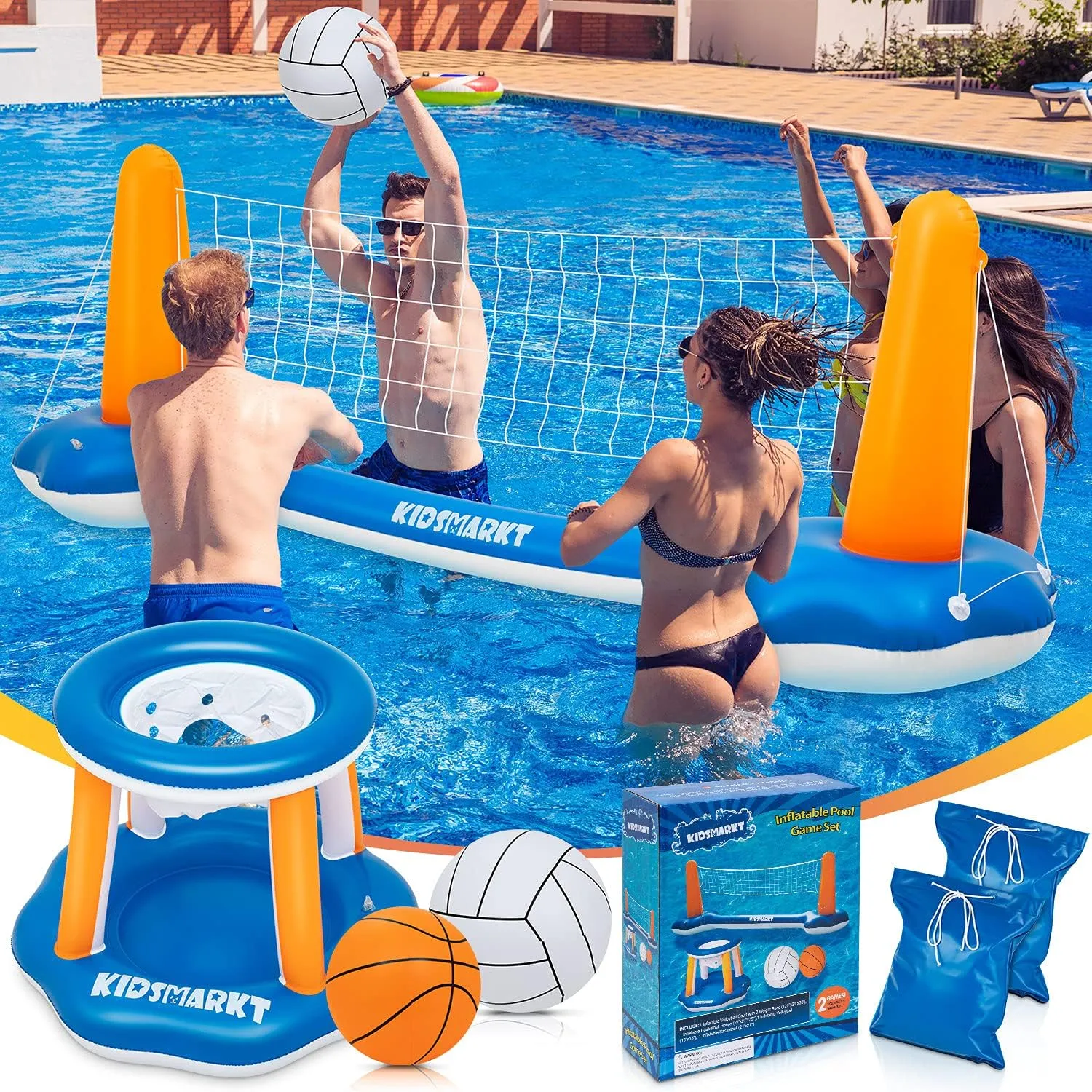 Pool Volleyball Set & Basketball Hoop -120'' Larger Pool Volleyball Net for Inground Includes 2 Balls & 2 Weight Bags, Pool Toys Game for Kids Teens and Adults - Volleyball Court (120 X38 X30 )Medium