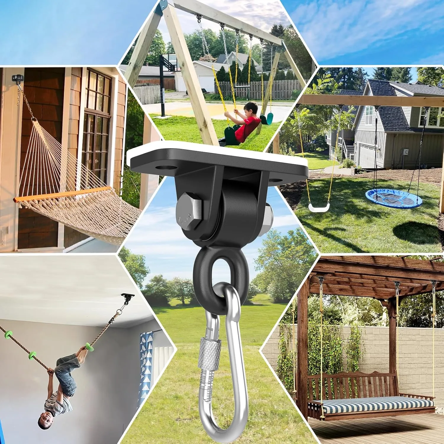 Porch Swing Hanging Kit with Swirl Bearing, Heavy Duty Swing Hangers Outdoor Indoor Ceiling Patio Playground Tree Swingset Hardware Bracket Mounting 2 Set with Snap Hook Screw Washers(Black)