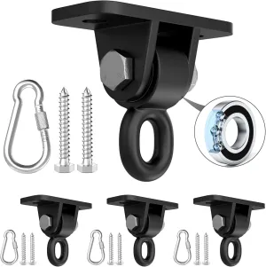 Porch Swing Hanging Kit with Swirl Bearing, Magacyo Heavy Duty Swing Hangers Outdoor Indoor Ceiling Patio Playground Tree Swingset Hardware Bracket Mounting 4 Set with Snap Hook Screw Washers(Black)