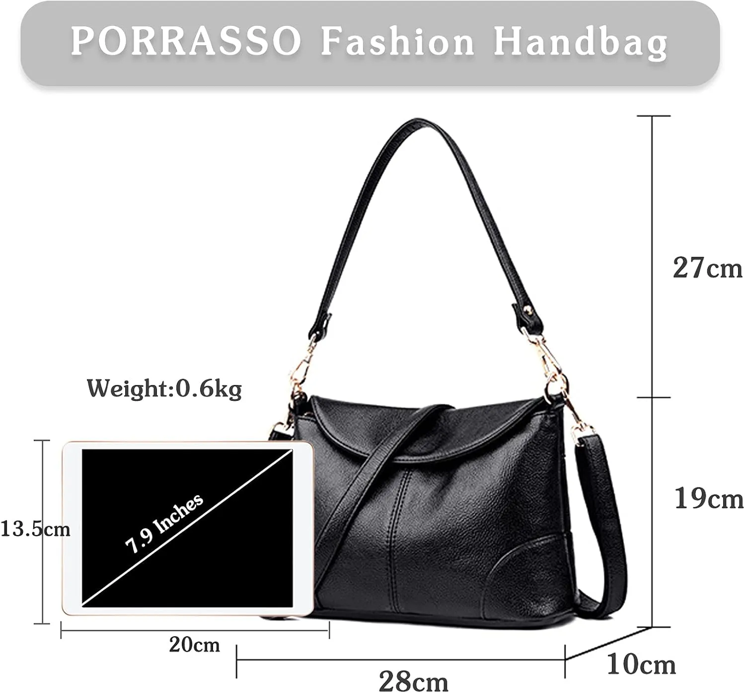 PORRASSO Women Crossbody Bag Fashion Shoulder Bag Handbags Ladies Satchel Waterproof Messenger Bag for Dating Work Travel Daily Use Black