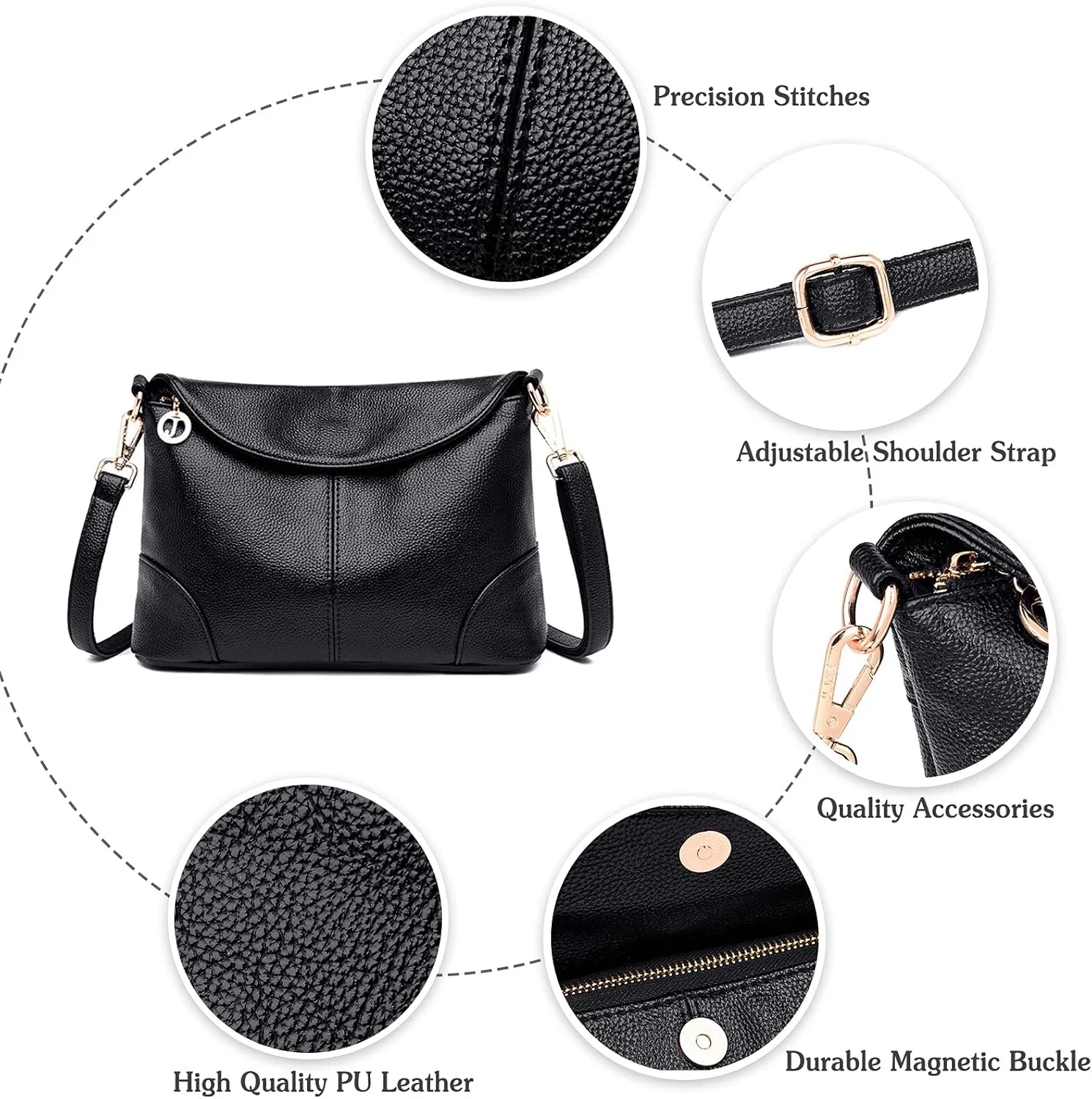 PORRASSO Women Crossbody Bag Fashion Shoulder Bag Handbags Ladies Satchel Waterproof Messenger Bag for Dating Work Travel Daily Use Black