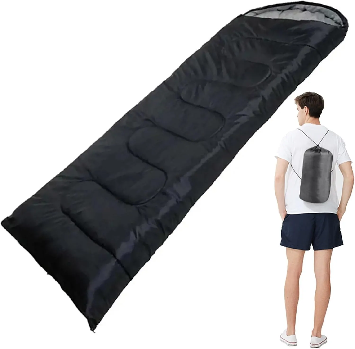 Portable Camping Sleeping Bag, 4 Seasons Cold Warm Weather Waterproof Lightweight with Compression Bag Camping Gear(Black,0.7kg)