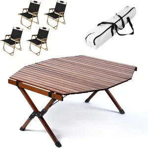 Portable Folding Table and Chairs, Folding Camping Table Beech Roll-up Table Top Lightweight Picnic Table Chair Set with Storage Bag for Outdoor Garden, Walnut Color