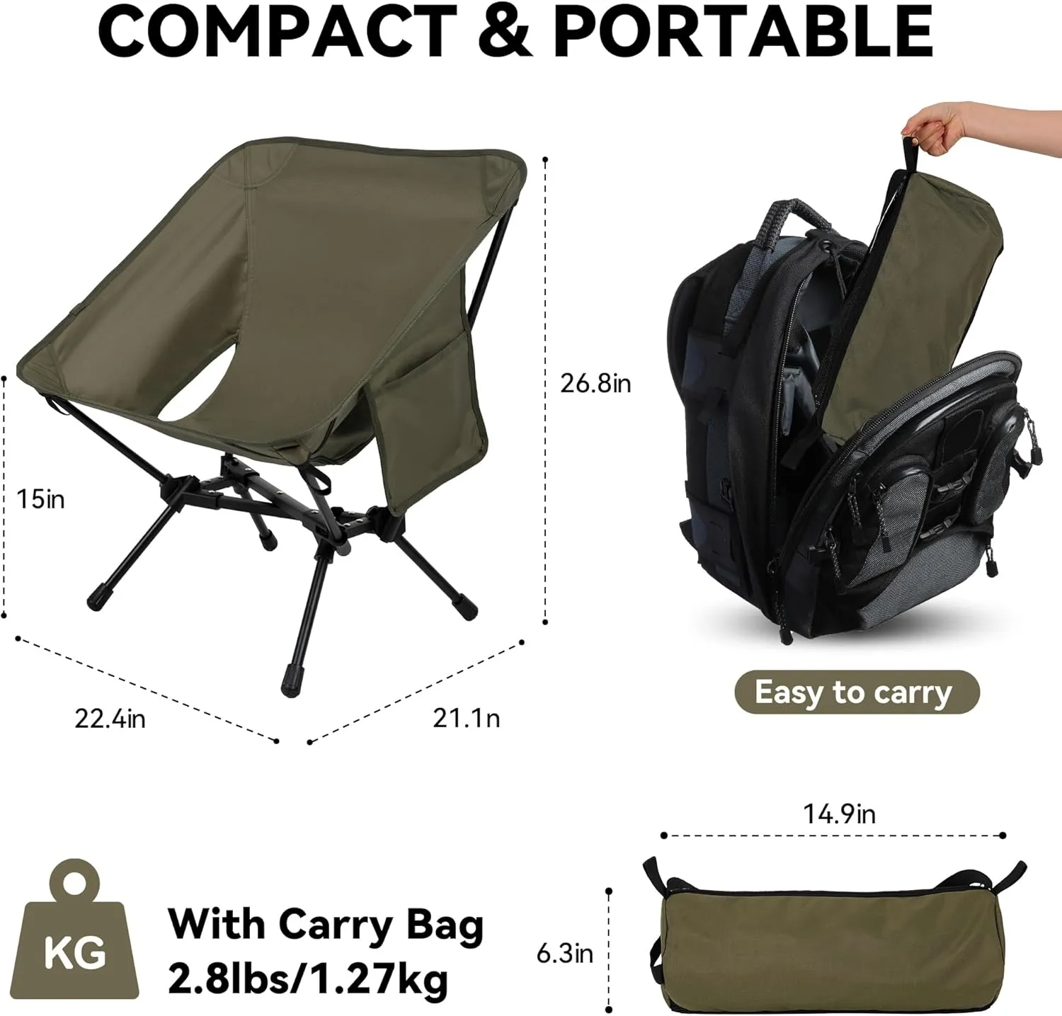 Portable High Back Camping Chair, Support Heavy Duty 440 lbs, Lightweight Folding Chair with Adjustable Pillow for Hiking, Beach, Backpacking