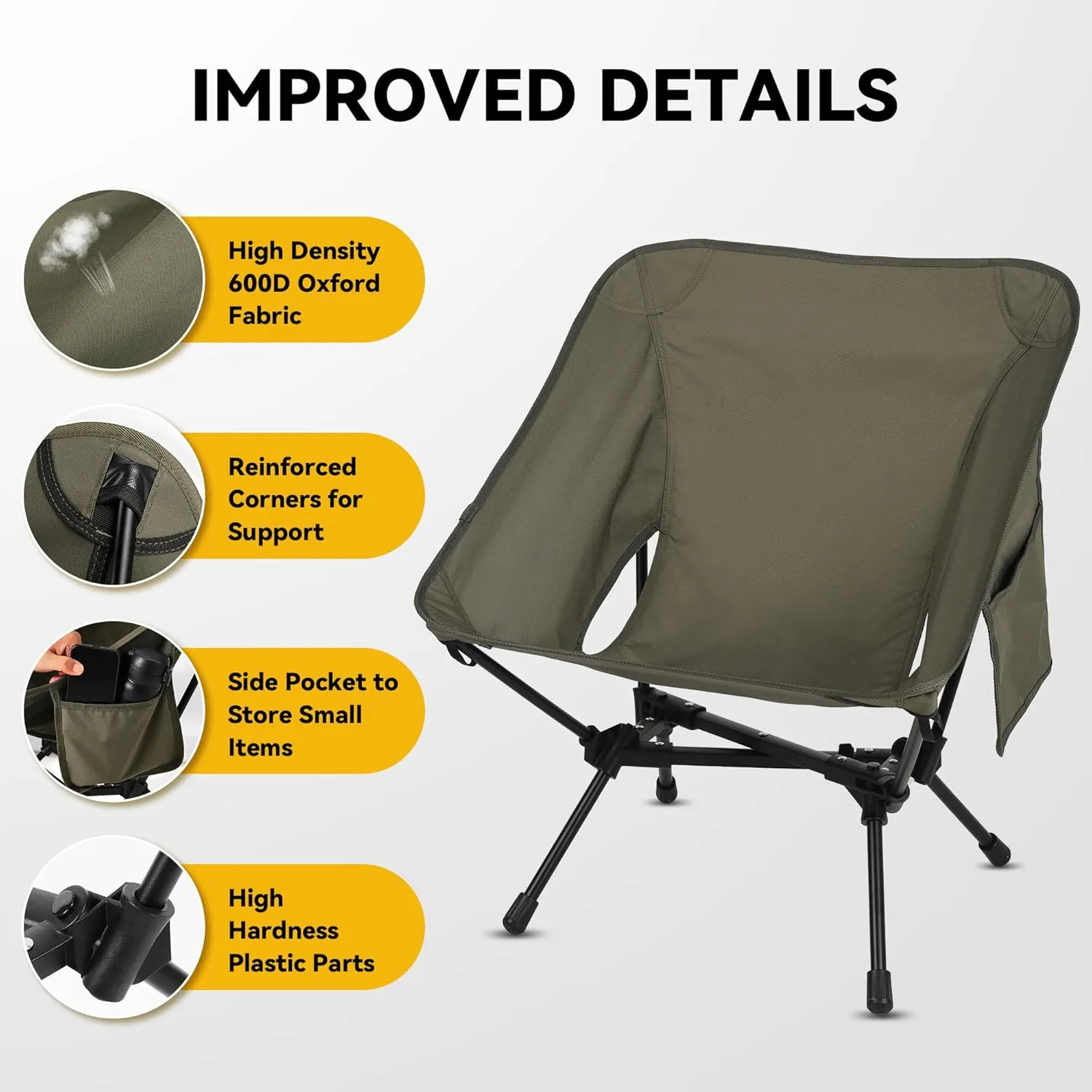Portable High Back Camping Chair, Support Heavy Duty 440 lbs, Lightweight Folding Chair with Adjustable Pillow for Hiking, Beach, Backpacking