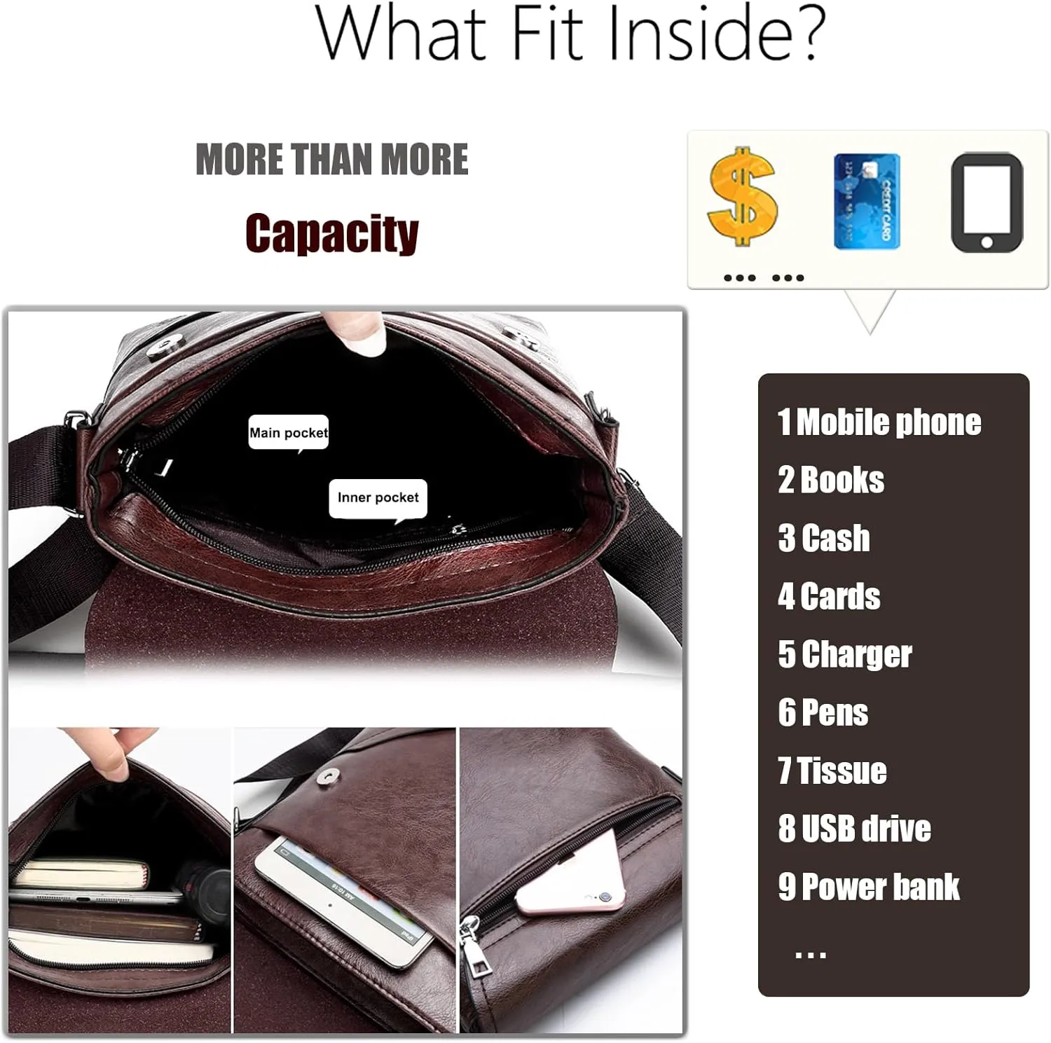PORT&LOTUS Messenger Bags for Men - Small PU Leather Crossbody Bags