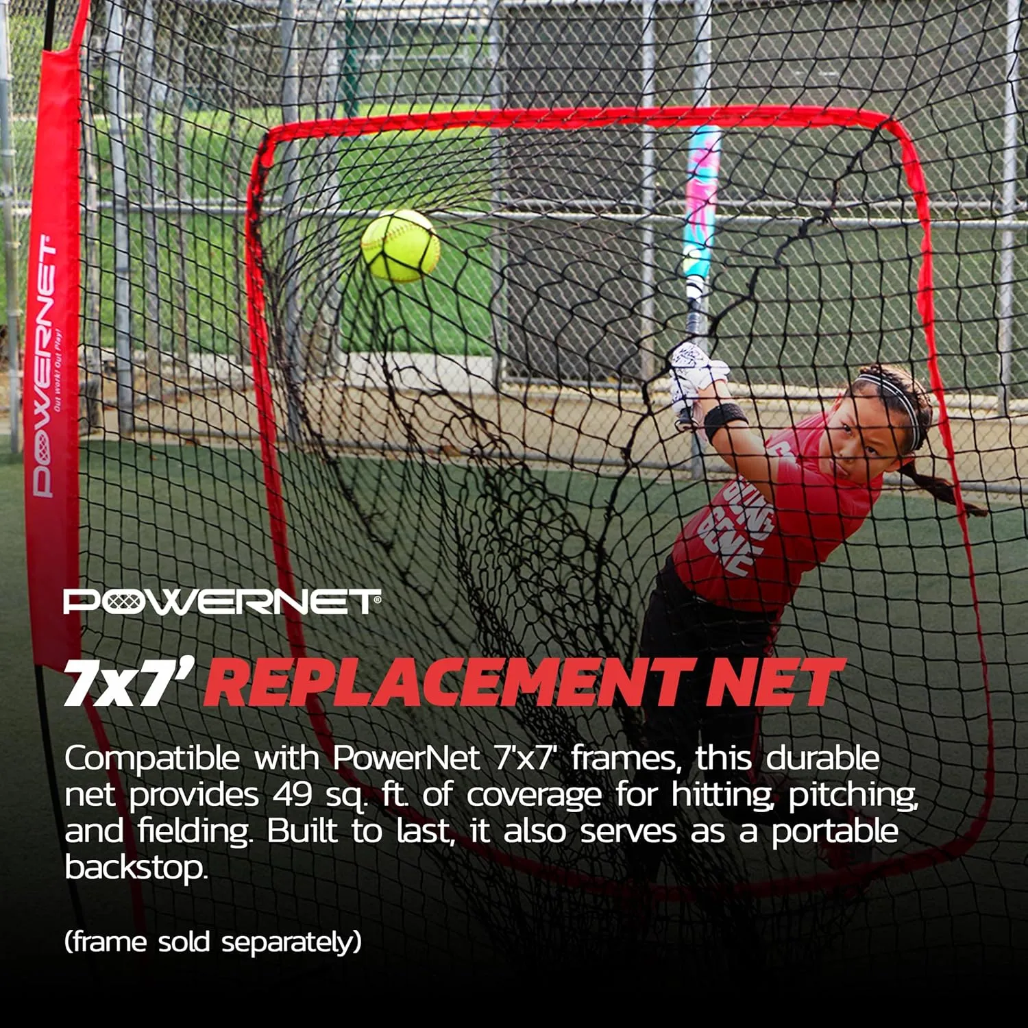 PowerNet 7x7 FT Baseball & Softball Net Replacement Parts, Replace 7x7 FT Frame, Net Only or Carry Bag, Metal Frame and Fiberglass Poles, Durable Nets & Bags Available in Team Colors