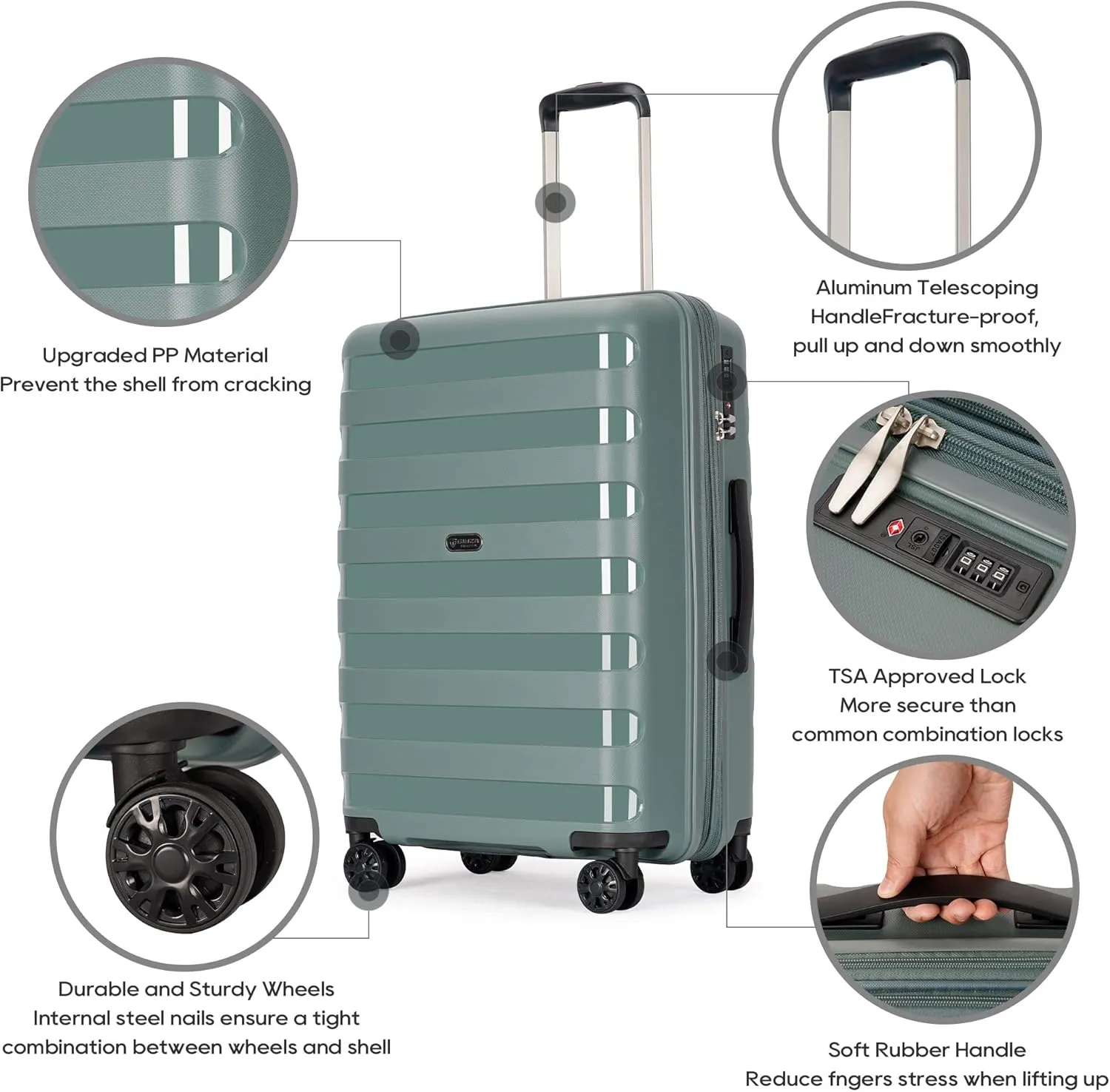 PP material 3-piece expandable luggage sets with Spinner Wheels， Suitcase with TSA Lock，Large Luggage for Family Travel carry on 20/24/28，Dark green color