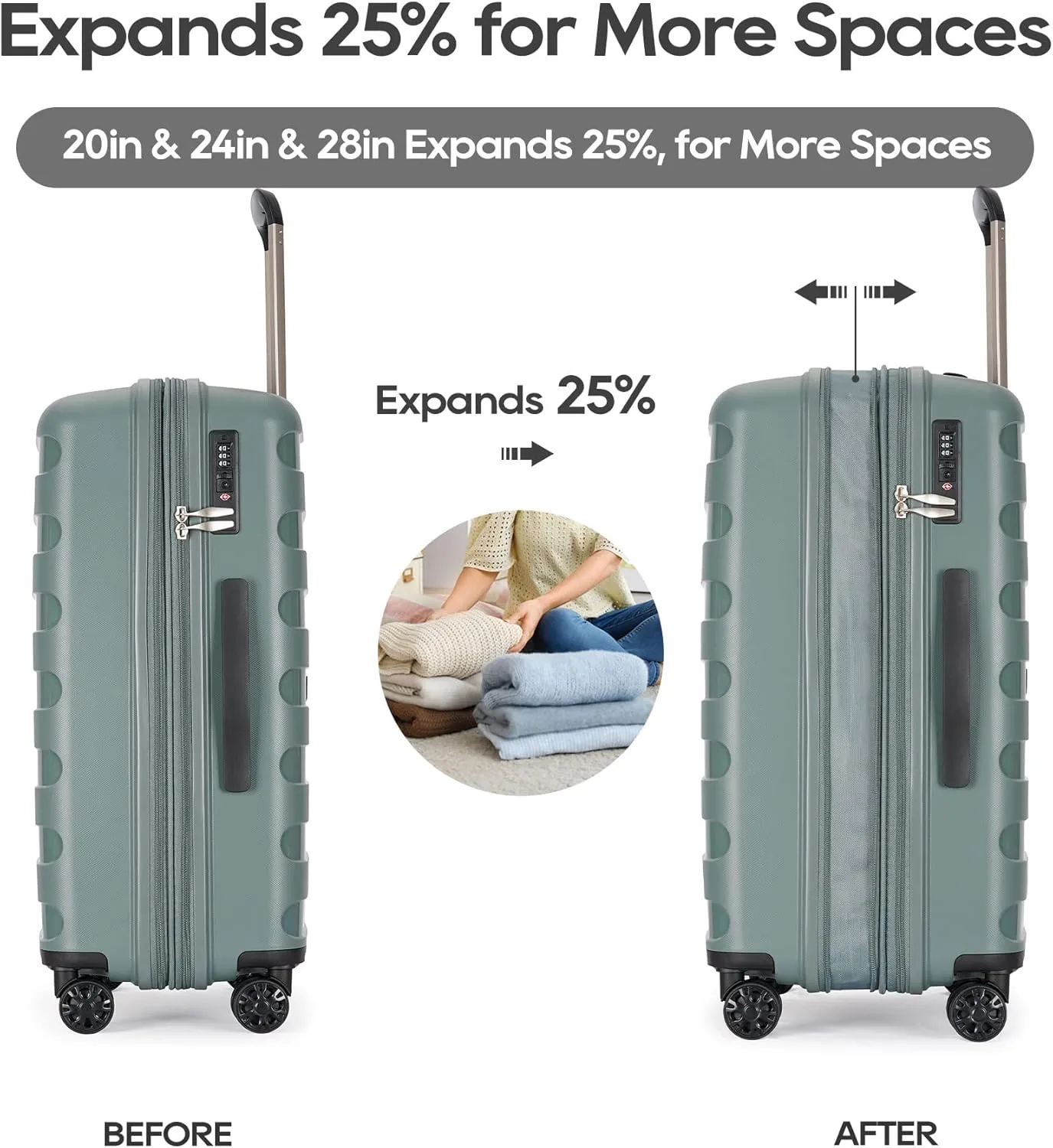 PP material 3-piece expandable luggage sets with Spinner Wheels， Suitcase with TSA Lock，Large Luggage for Family Travel carry on 20/24/28，Dark green color