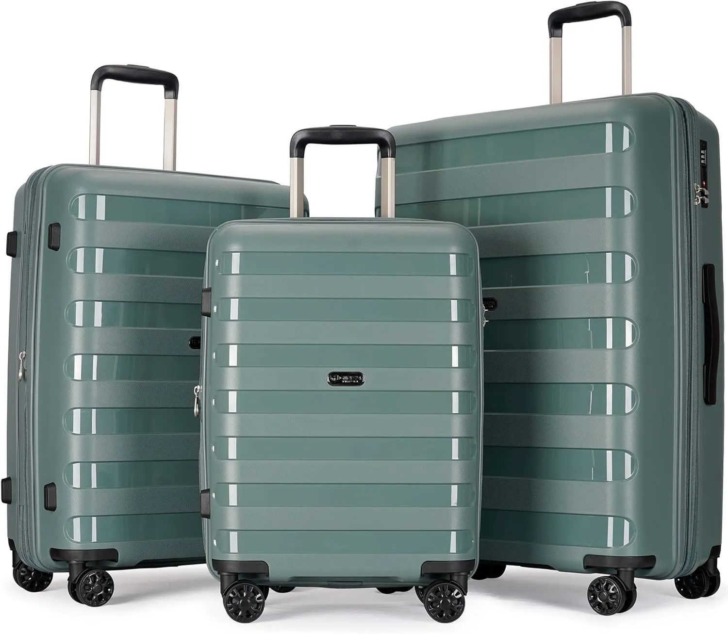 PP material 3-piece expandable luggage sets with Spinner Wheels， Suitcase with TSA Lock，Large Luggage for Family Travel carry on 20/24/28，Dark green color