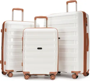 PP material 3-piece expandable luggage sets with Spinner Wheels， Suitcase with TSA Lock，Large Luggage for Family Travel carry on 20/24/28，White & Brown color