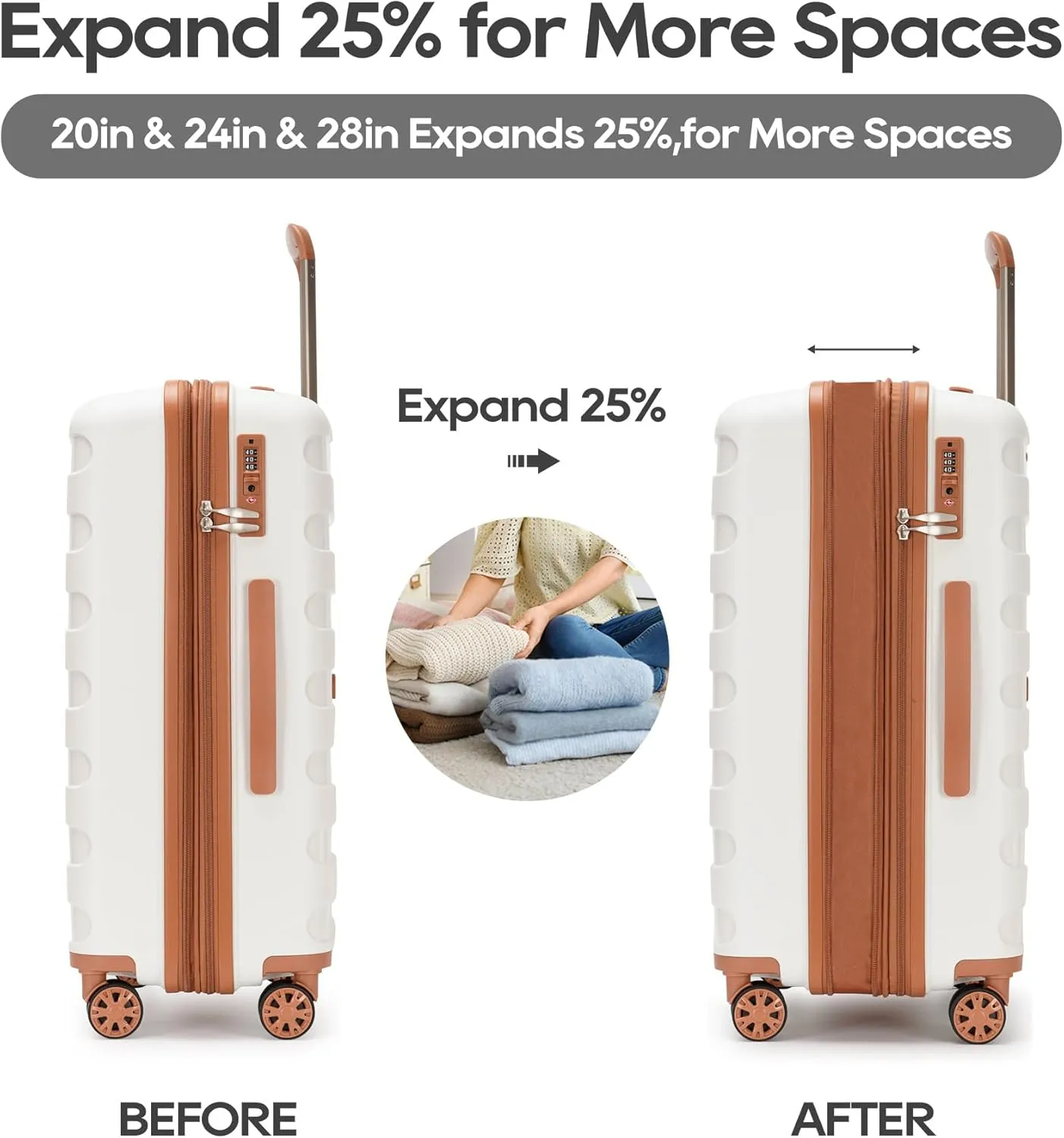 PP material 3-piece expandable luggage sets with Spinner Wheels， Suitcase with TSA Lock，Large Luggage for Family Travel carry on 20/24/28，White & Brown color