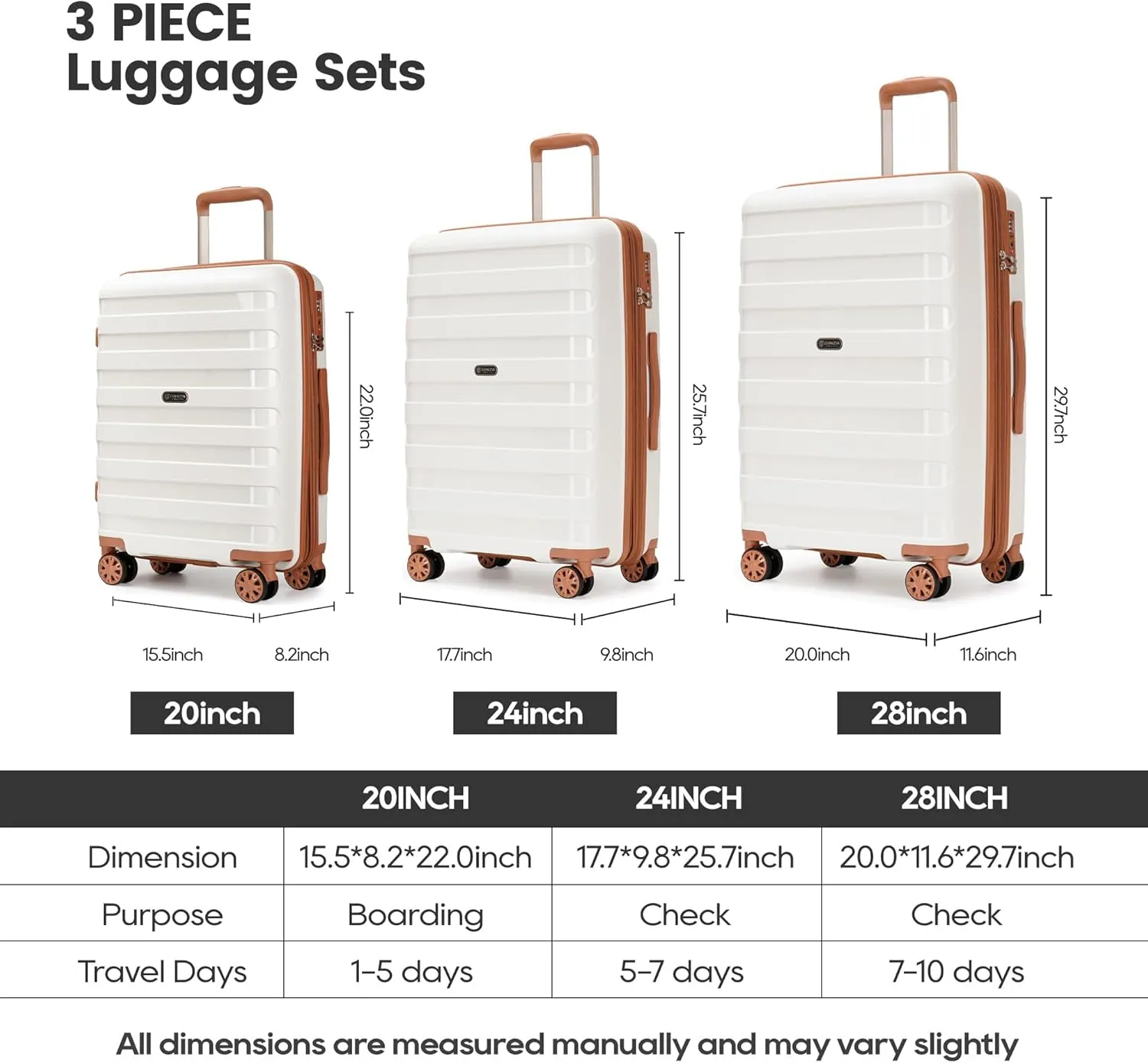PP material 3-piece expandable luggage sets with Spinner Wheels， Suitcase with TSA Lock，Large Luggage for Family Travel carry on 20/24/28，White & Brown color