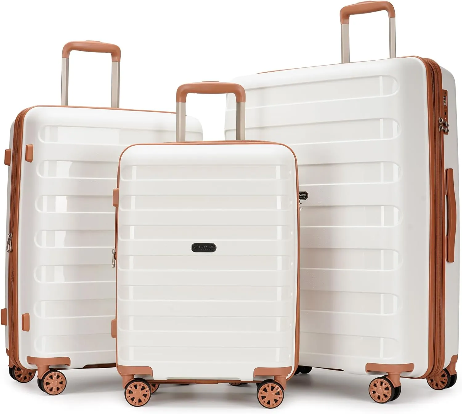 PP material 3-piece expandable luggage sets with Spinner Wheels， Suitcase with TSA Lock，Large Luggage for Family Travel carry on 20/24/28，White & Brown color