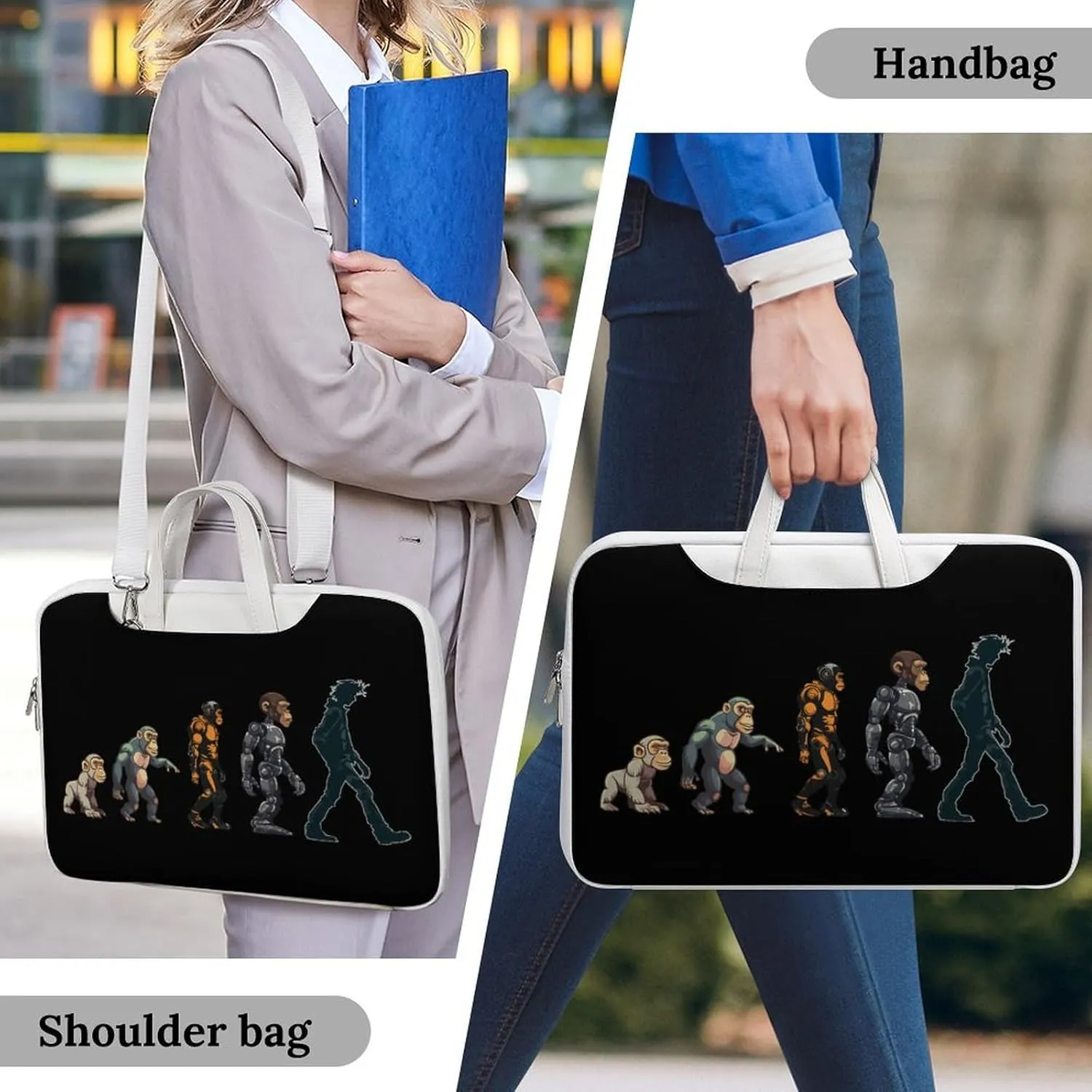 Prehistoric Ape Robot to Man Evolution Laptop Bag PU Leather Computer Tote Bag Carrying Case Messenger Bag with Handle