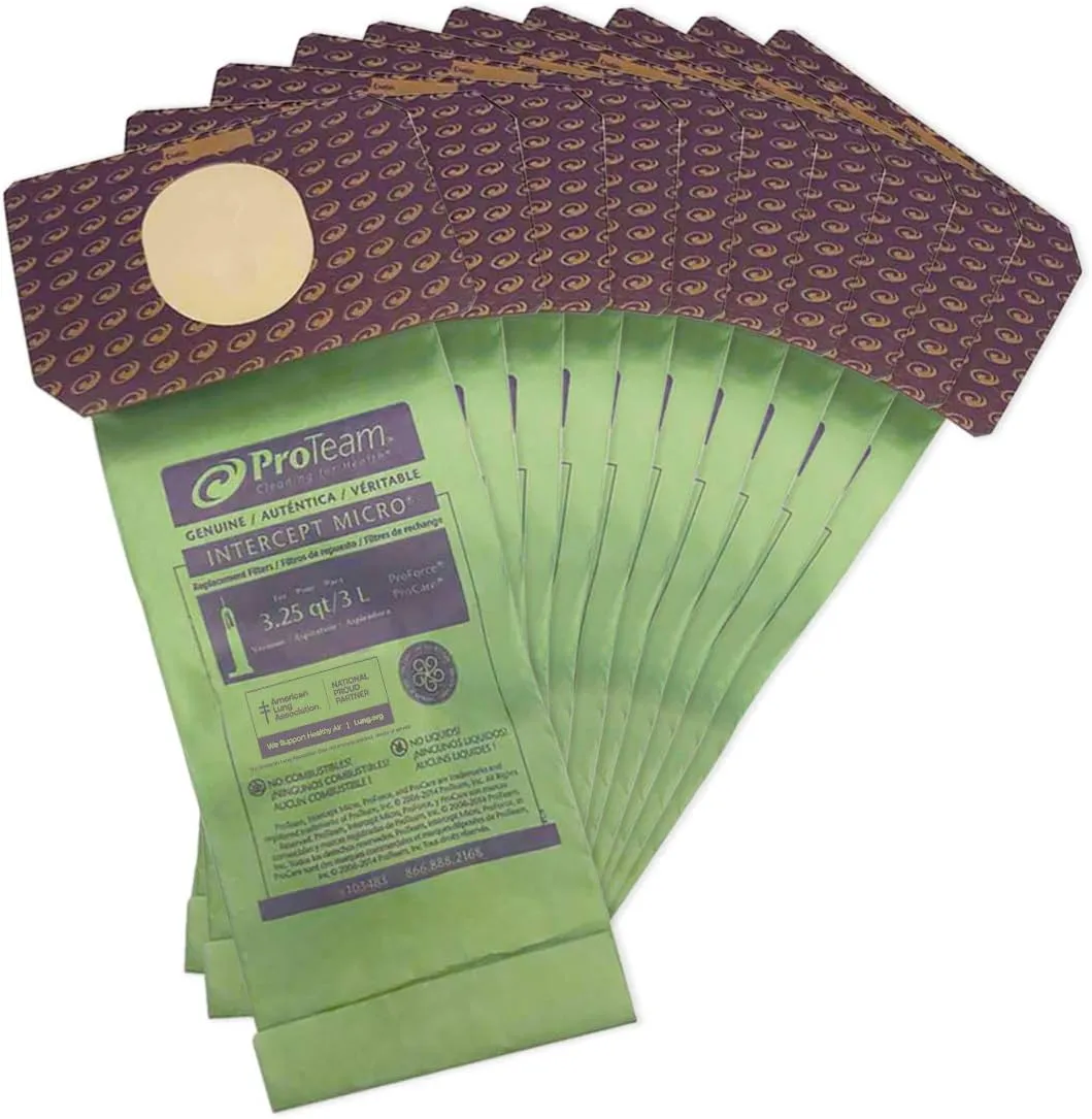 ProTeam 103483 Intercept Micro Filter Bags with 3.25-Quart Capacity, 10-Pack of Replacement Vacuum Filters, Green