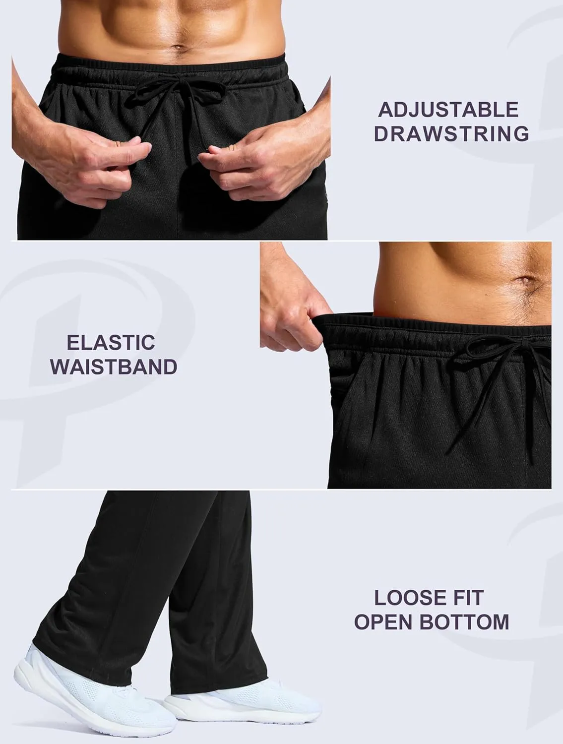 Pudolla Men's Lightweight Mesh Sweatpants Loose Fit Open Bottom Athletic Workout Gym Pants with Zipper Pockets