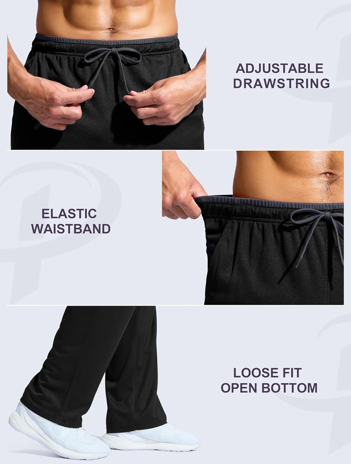 Pudolla Men's Lightweight Mesh Sweatpants Loose Fit Open Bottom Athletic Workout Gym Pants with Zipper Pockets