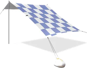 Purple and White American Plaid Designed UPF50  Foldable Beach Canopy Easy Setup Large Portable Sun Shelter Includes Sand Shovel, Sandbags, Stability Poles for Camping, Picnics, Backyard &