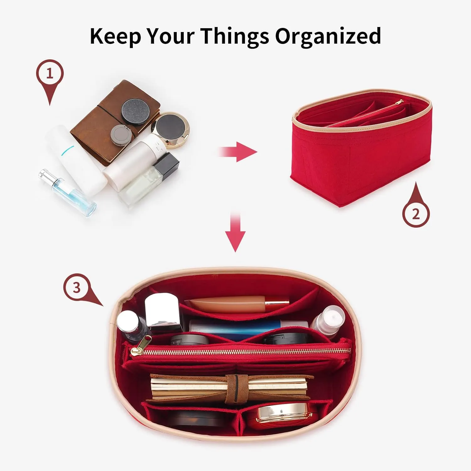 Purse Organizer & Base Shaper fit Speedy 30 & Neverfull MM, Felt Bag Organizer Insert for Handbags with Metal Zipper [Bag in Bag] (Large, Red)