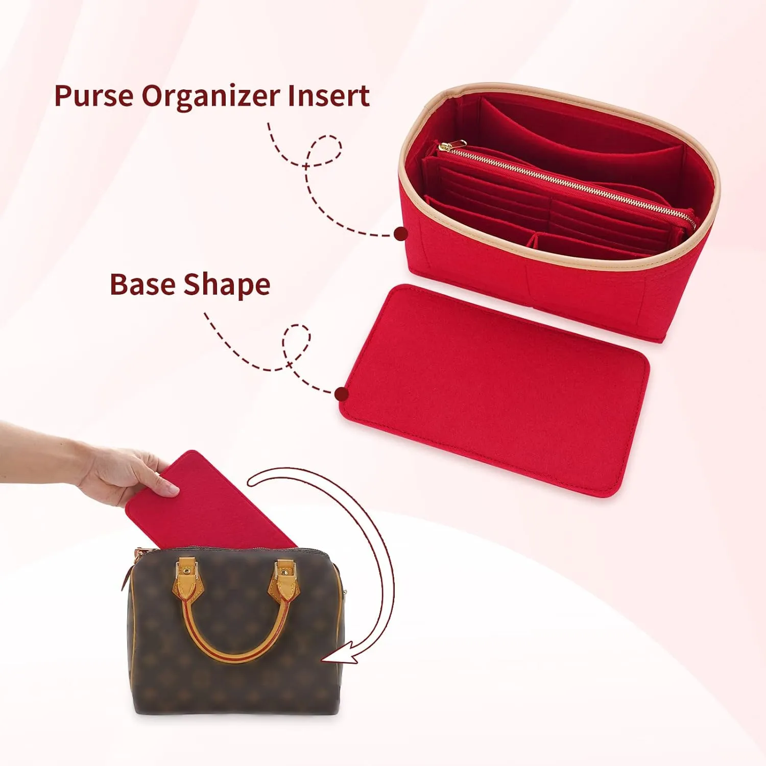 Purse Organizer & Base Shaper fit Speedy 30 & Neverfull MM, Felt Bag Organizer Insert for Handbags with Metal Zipper [Bag in Bag] (Large, Red)