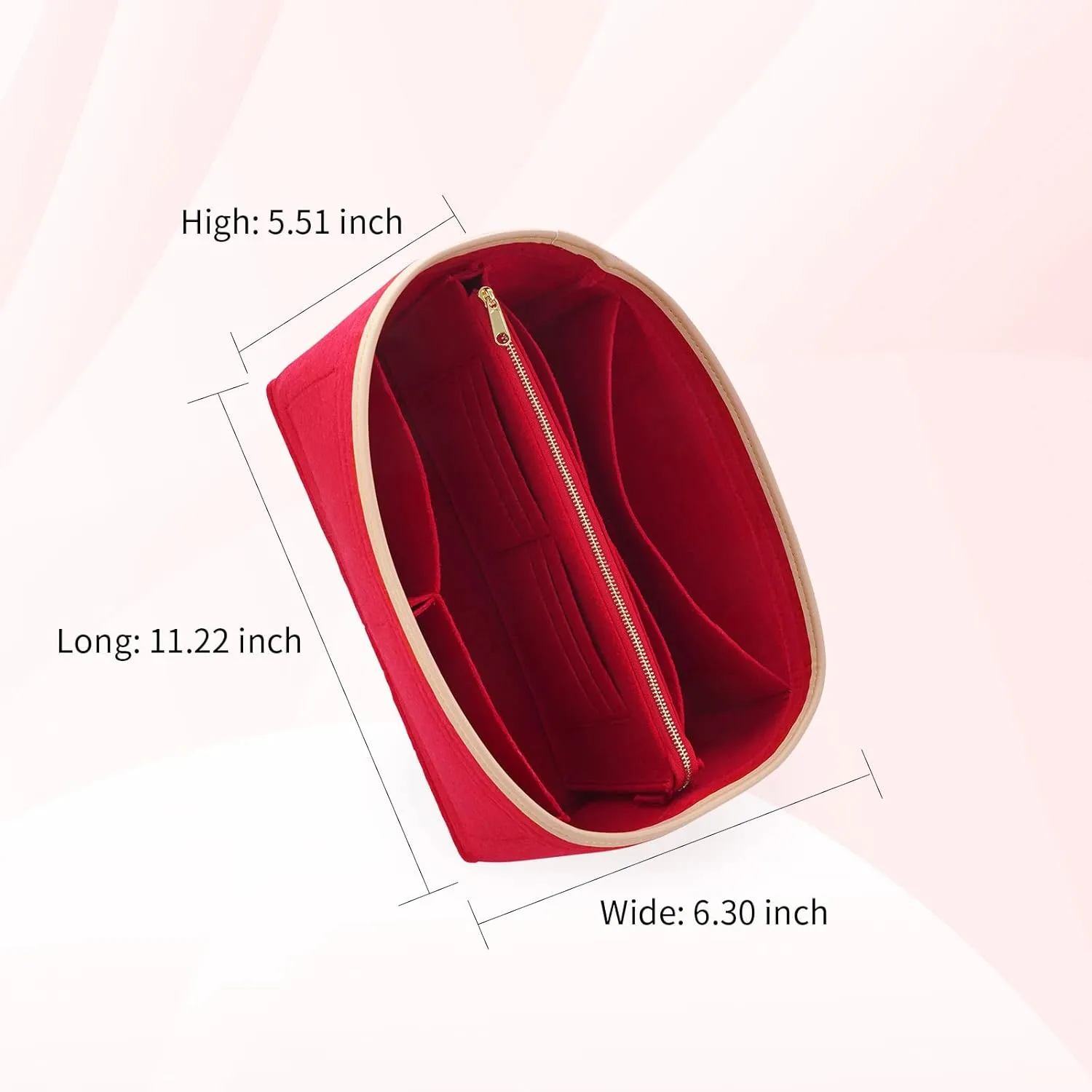 Purse Organizer & Base Shaper fit Speedy 30 & Neverfull MM, Felt Bag Organizer Insert for Handbags with Metal Zipper [Bag in Bag] (Large, Red)