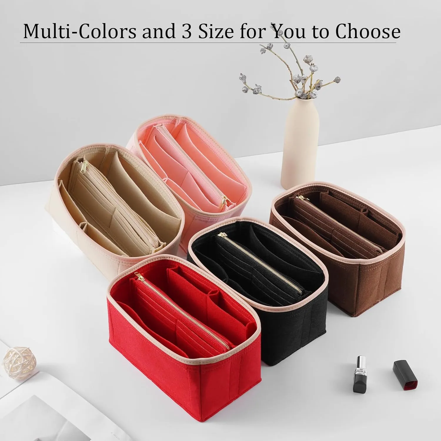 Purse Organizer & Base Shaper fit Speedy 30 & Neverfull MM, Felt Bag Organizer Insert for Handbags with Metal Zipper [Bag in Bag] (Large, Red)