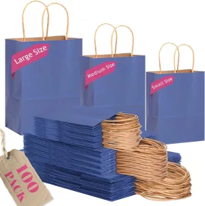 qiqee 100PCS Gift Bag with Handles Bulk Kraft Deep Blue Paper Bags Assorted Sizes(33pcs Large 13",33pcs Medium 11",34pcs Small 8")