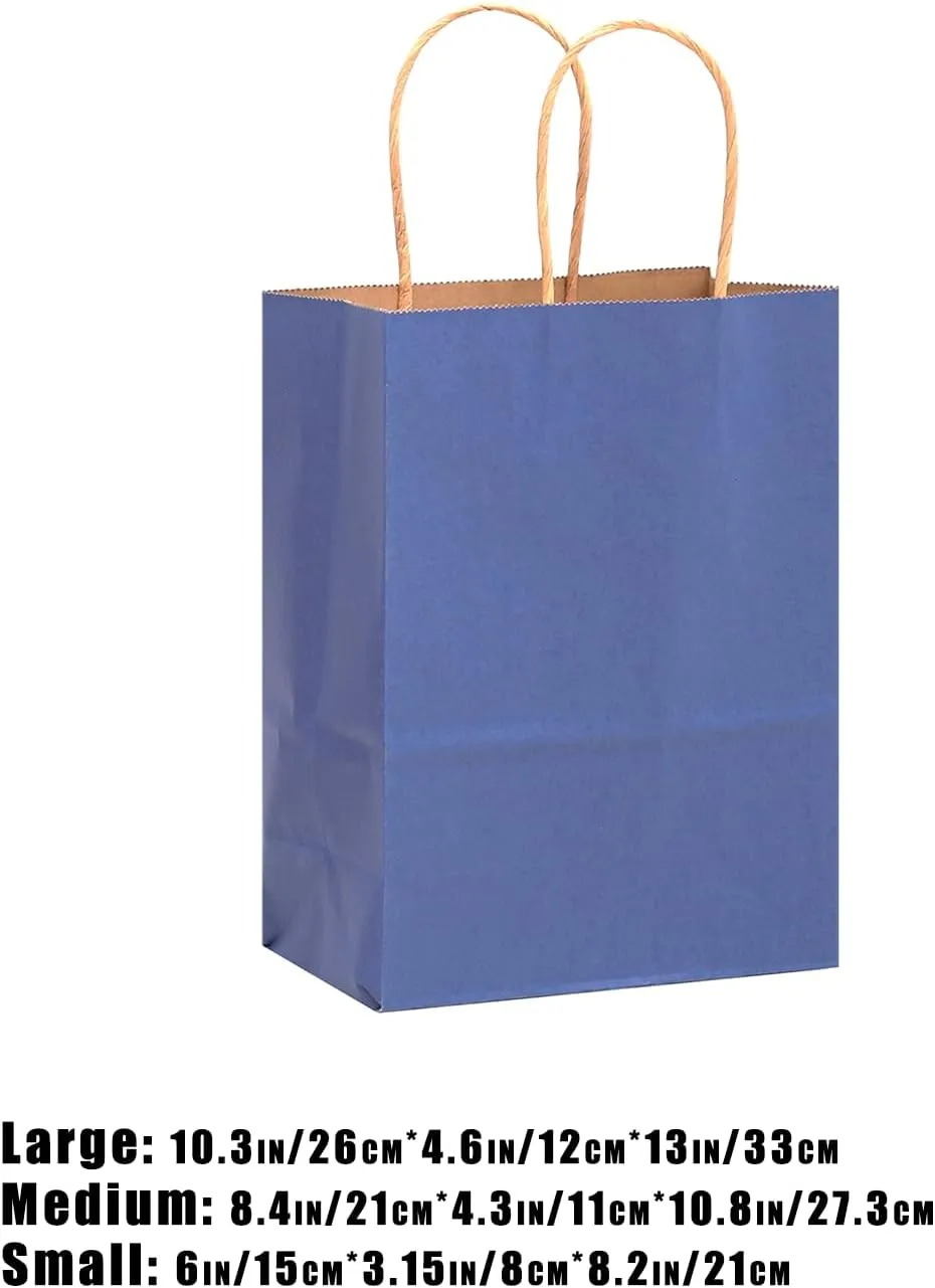 qiqee 100PCS Gift Bag with Handles Bulk Kraft Deep Blue Paper Bags Assorted Sizes(33pcs Large 13",33pcs Medium 11",34pcs Small 8")