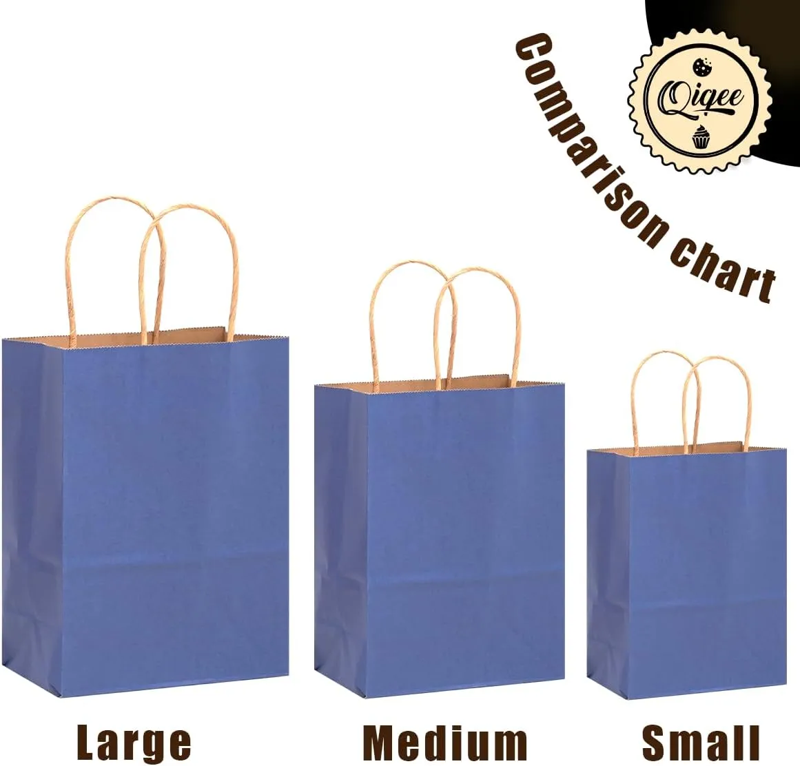 qiqee 100PCS Gift Bag with Handles Bulk Kraft Deep Blue Paper Bags Assorted Sizes(33pcs Large 13",33pcs Medium 11",34pcs Small 8")