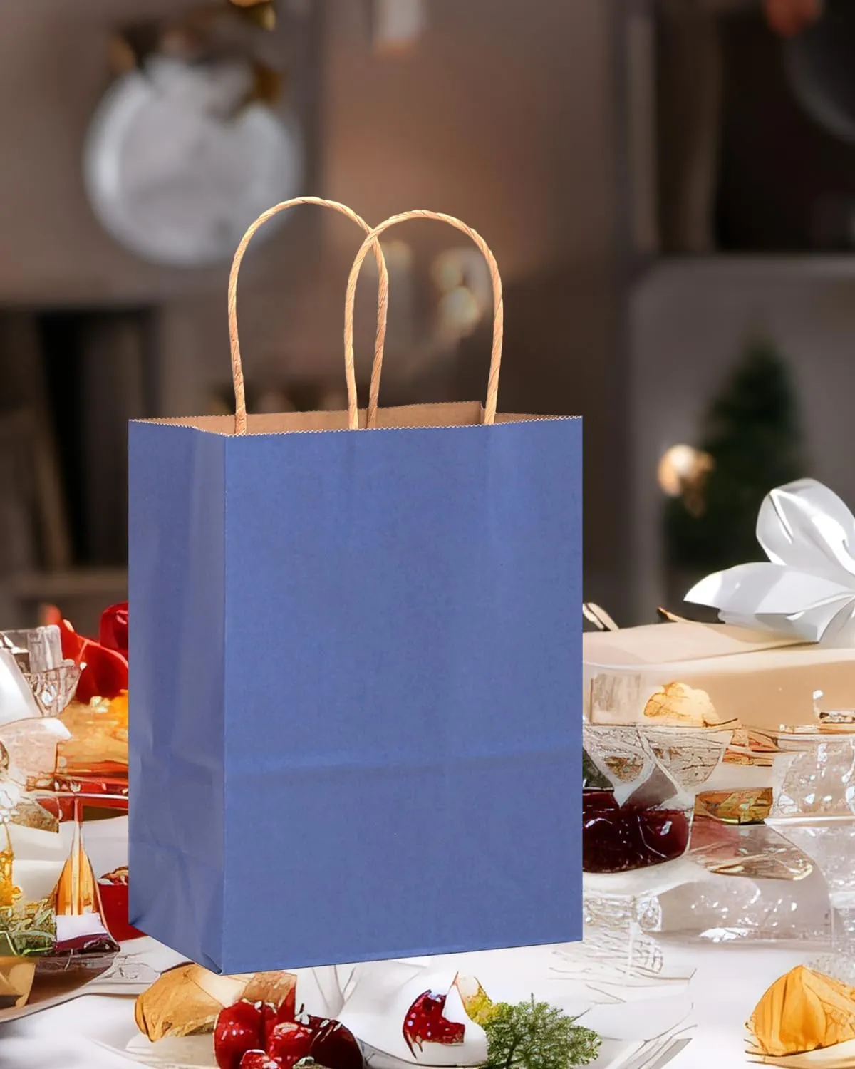 qiqee 100PCS Gift Bag with Handles Bulk Kraft Deep Blue Paper Bags Assorted Sizes(33pcs Large 13",33pcs Medium 11",34pcs Small 8")