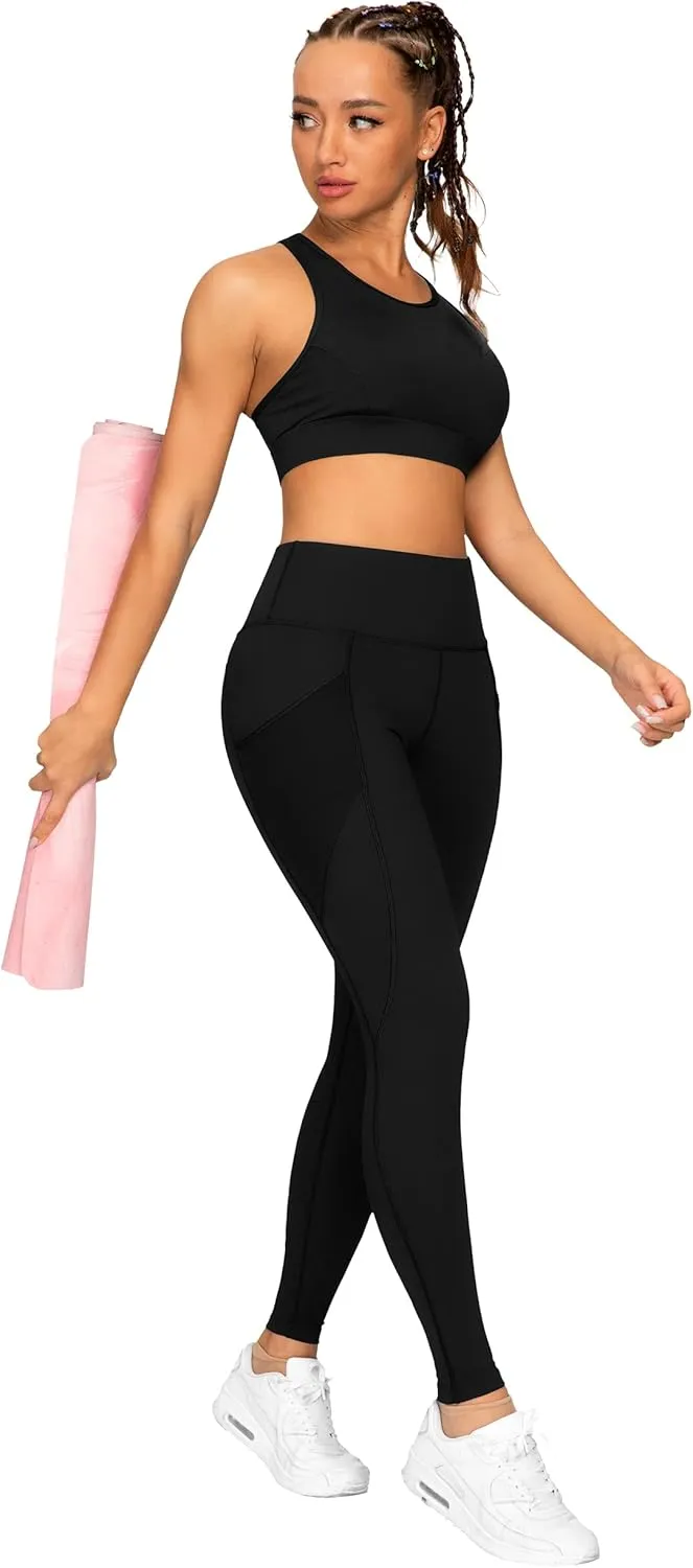QUEENIEKE Women Yoga Pants Color Blocking Mesh Workout Running Leggings Tights 8030