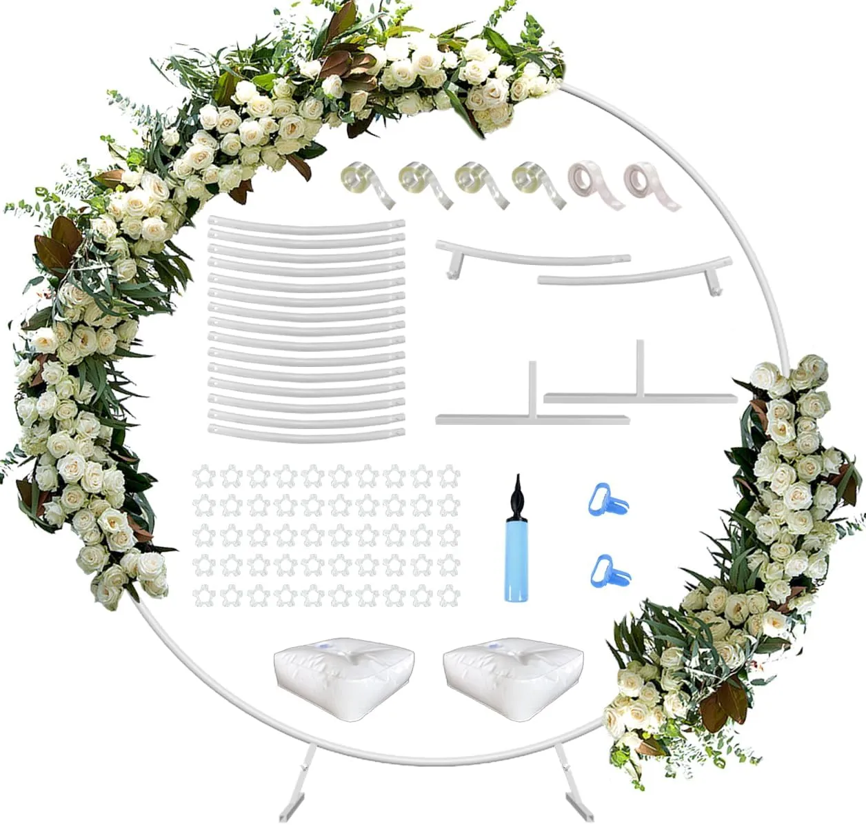 Queension Large Wedding Arch for Ceremony 7 Ft, Metal Balloon Arches Backdrop Stand with Metal Base for Party Supplies, Outdoor Garden Trellis with Water Bag for Climbing Plant, Round Frame, White